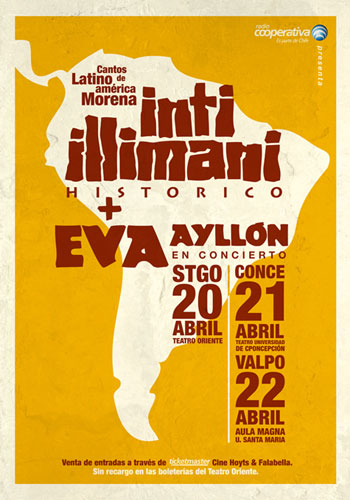 Afiche de la mini gira chilena «Cantos de Latinoamérica Morena» de Eva Ayllón e Inti-Illimani Histórico. 