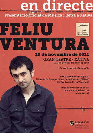 Cartel del concierto de presentación de «Música i lletra» de Feliu Ventura en Xàtiva. 