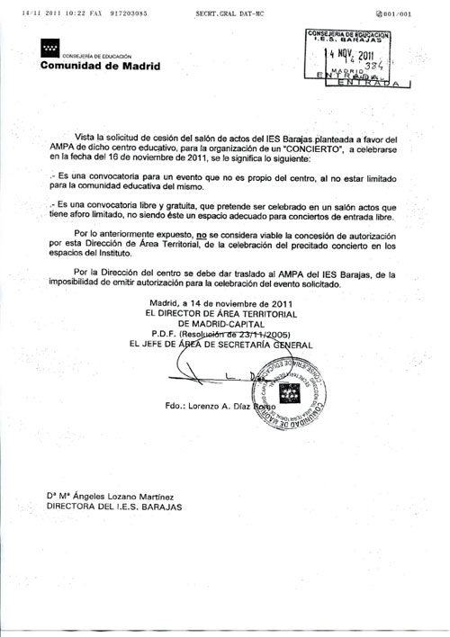 Documento de la Consejería de Educación de la Comunidad de Madrid denegando el permiso para la celebración del «Concierto en defensa de la educación pública» en el IES Barajas.