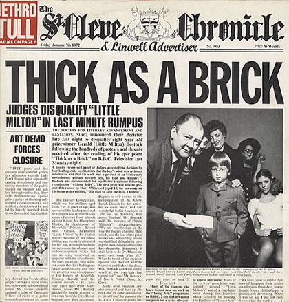 Portada del mítico disco «Thick As A Brick» de Jethro Tull. 