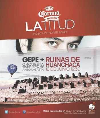 Cartel concierto de Gepe con la Orquesta Sinfónica de Antofagasta en las ruinas de Huanchaca.