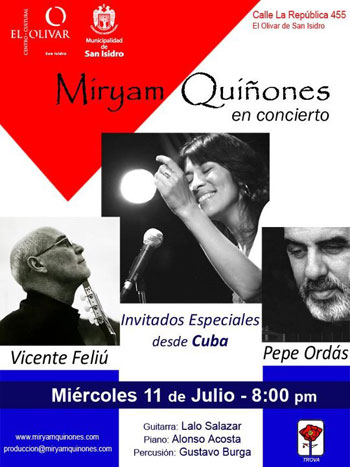 Cartel del concierto de Miryam Quiñones en Lima con Vicente Feliú y Pepe Ordás.