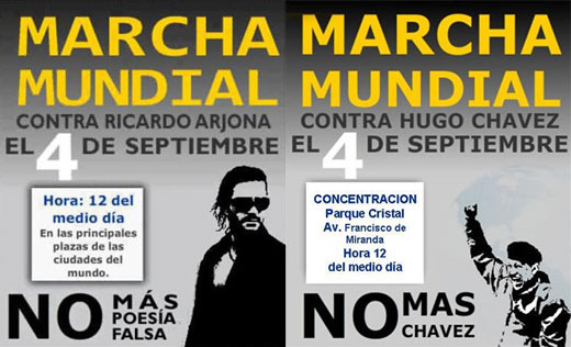 A la izquierda el cartel «Marcha mundial contra Ricardo Arjona» y a la derecha el cartel parodiado.