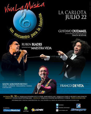 Cartel del concierto «Viva la Música» de Gustavo Dudamel, Rubén Blades y Franco de Vita.