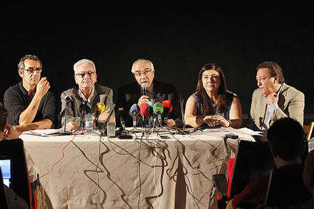 De izquierda a derecha, Pascual Egea (asociación de productores musicales), Daniel Martínez (asociación de teatros), Juan Ramón Gómez Fabra (Fedicine), Fátima Buenaventura (FAPAE) y Ángel Luis Sánchez (ARTE), este jueves, en Madrid.