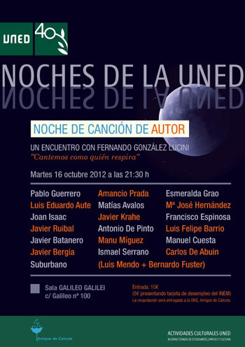 Cartel del concierto «Las Noche de la UNED» en homenaje a Fernando González Lucini.