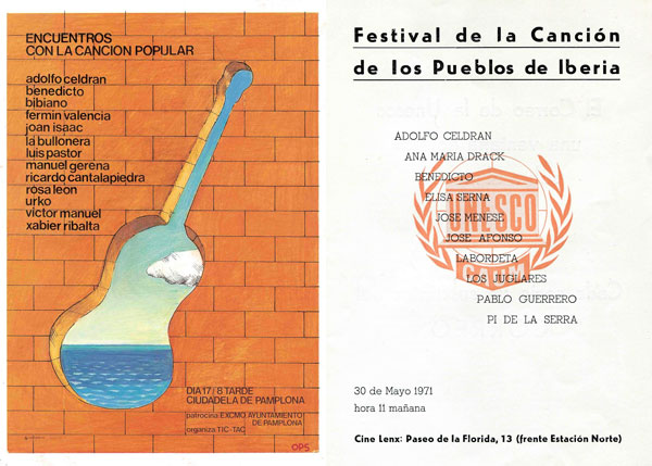Carteles de los «Encuentros con la Canción Popular», que se organizaron en Pamplona, en 1976; y del «Festival de la Canción de los Pueblos Ibéricos», organizado por la UNESCO, en Madrid, 1971.