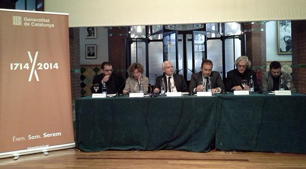 Conferencia de prensa de presentación de los conciertos del Tricentenari en el Palau de la Música de Barcelona. De izquierda a derecha: Josep Maria Dutrèn, director del Festival de Música Antiga dels Pirineus; Mariona Carulla, presidenta del Palau; Ferran Mascarell, Conseller de Cultura; Jordi Fàbregas, director del Tradicionàrius y Xavi Pascual director del Festival Strenes. © Xavier Pintanel