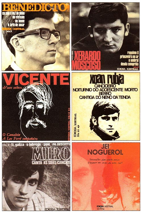 Primeros discos singles publicados por los componentes del colectivo «Voces Ceibes», grabados a finales de los 60 y principios de los 70, por la empresa catalana EDIGSA, con el sello XISTRAL creado para difundir la obra de los cantautores gallegos.