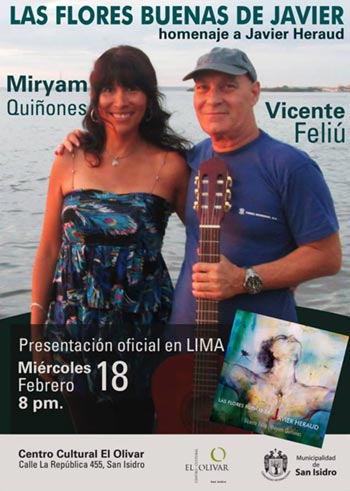 Vicente Feliú y Miryam Quiñones presenta en Lima «Las flores buenas de Javier».