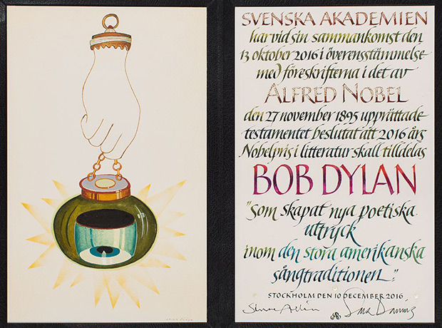 Diploma del Premio Nobel de Literatura para Bob Dylan.