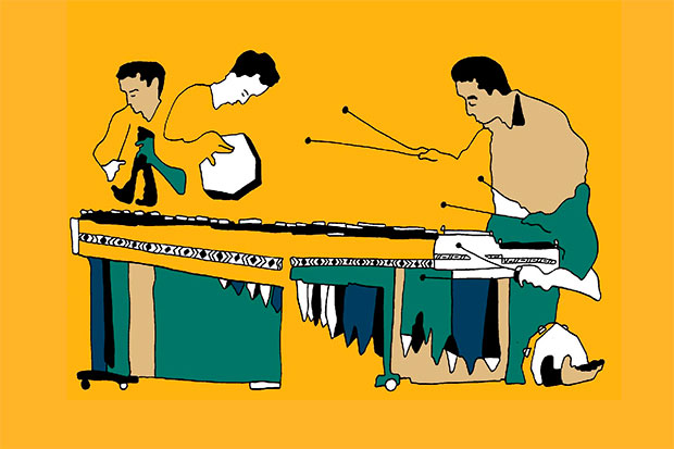 Ilustración de Pedro Strukelj para el disco «Desbordando» de Sones de Marimba.