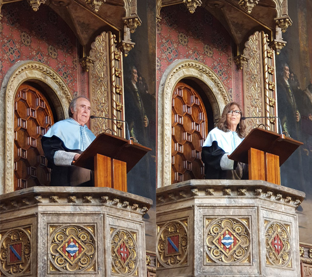 Joan Manuel Serrat y Maria del Mar Bonet durante sus discursos en el acto de su nombramiento como doctores Honoris Causa por la Universidad de Barcelona. © Xavier Pintanel
