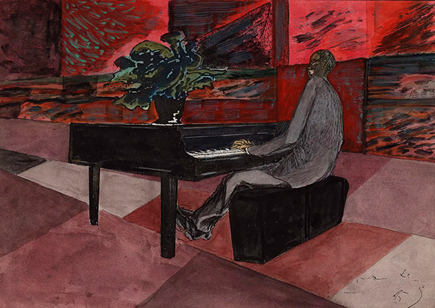 Paolo Conte, Supercharleston al piano de Razmataz (1996; lápices de colores, tinta, témpera y técnica mixta sobre papel, 21x29,5 cm). © Archivo Paolo Conte