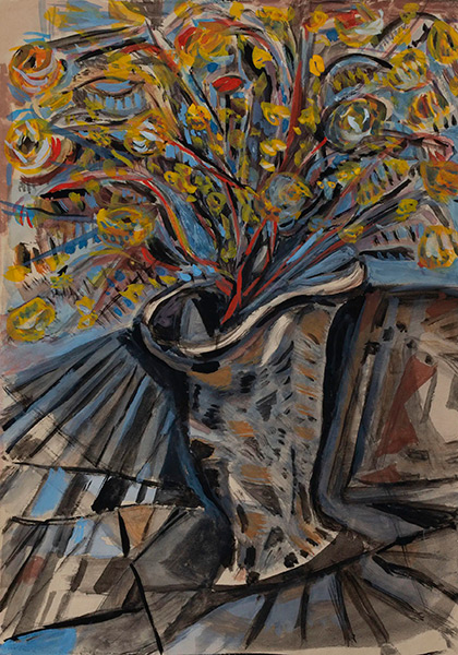 Paolo Conte, Fiori in un vento novecentista (2000; témpera sobre papel espolvoreado, 29 x 20,5 cm). © Archivo Paolo Conte