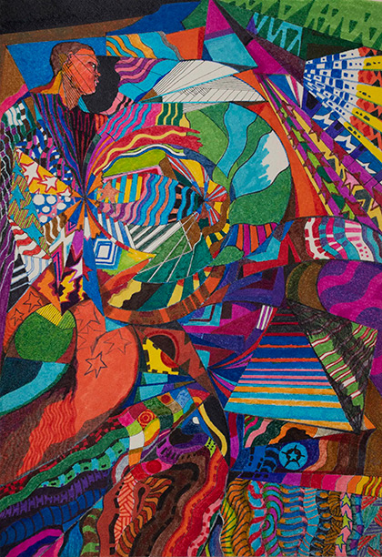 Paolo Conte, Ardilla, Hombre-Circo (1974; tinta negra y rotuladores policromados sobre papel grueso, 24,5 x 16,7 cm). © Archivo Paolo Conte